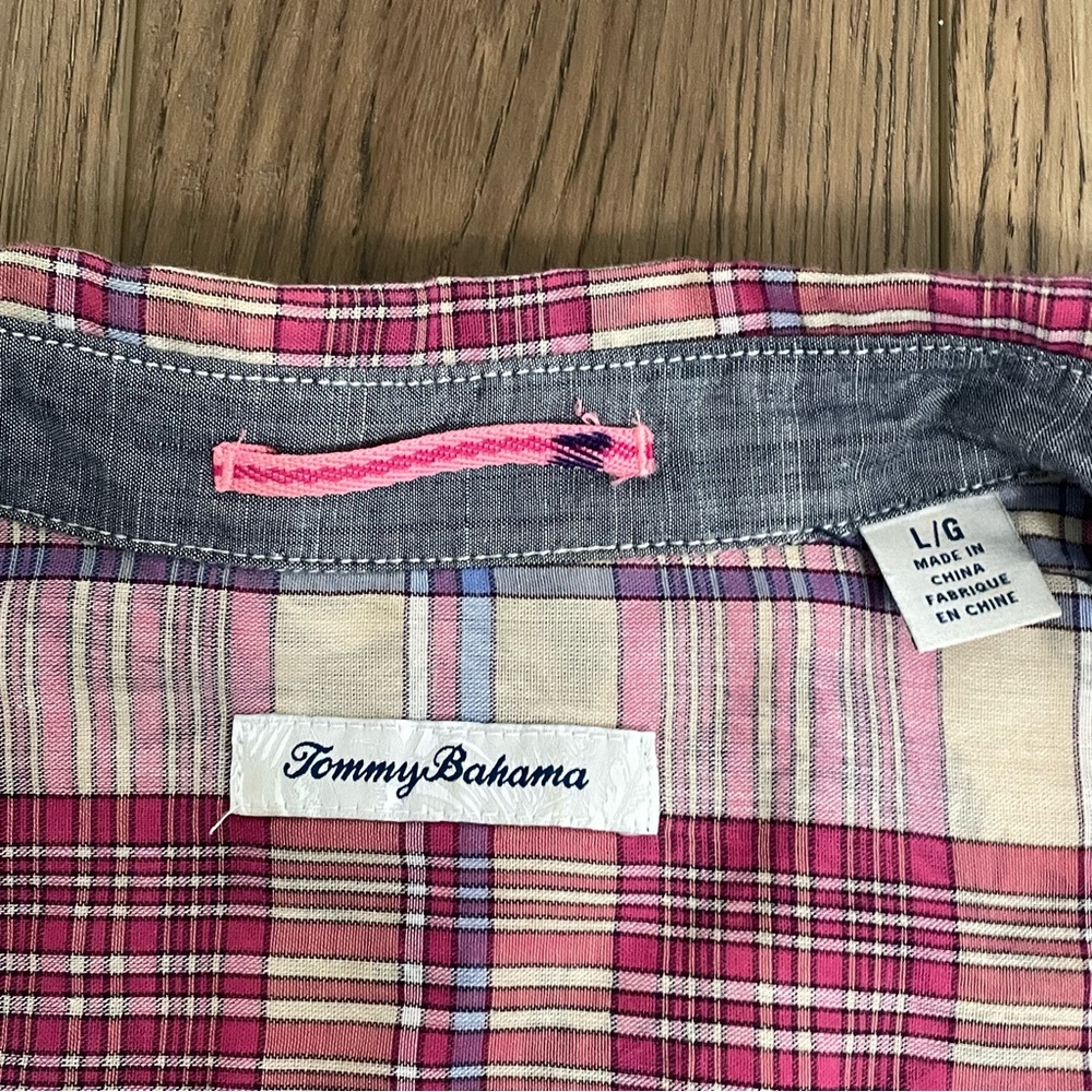 Tommy Bahama Plaid Long Sleeve Floral Shirt Plaid Collard Camp Mens Large - Picture 6 of 14
